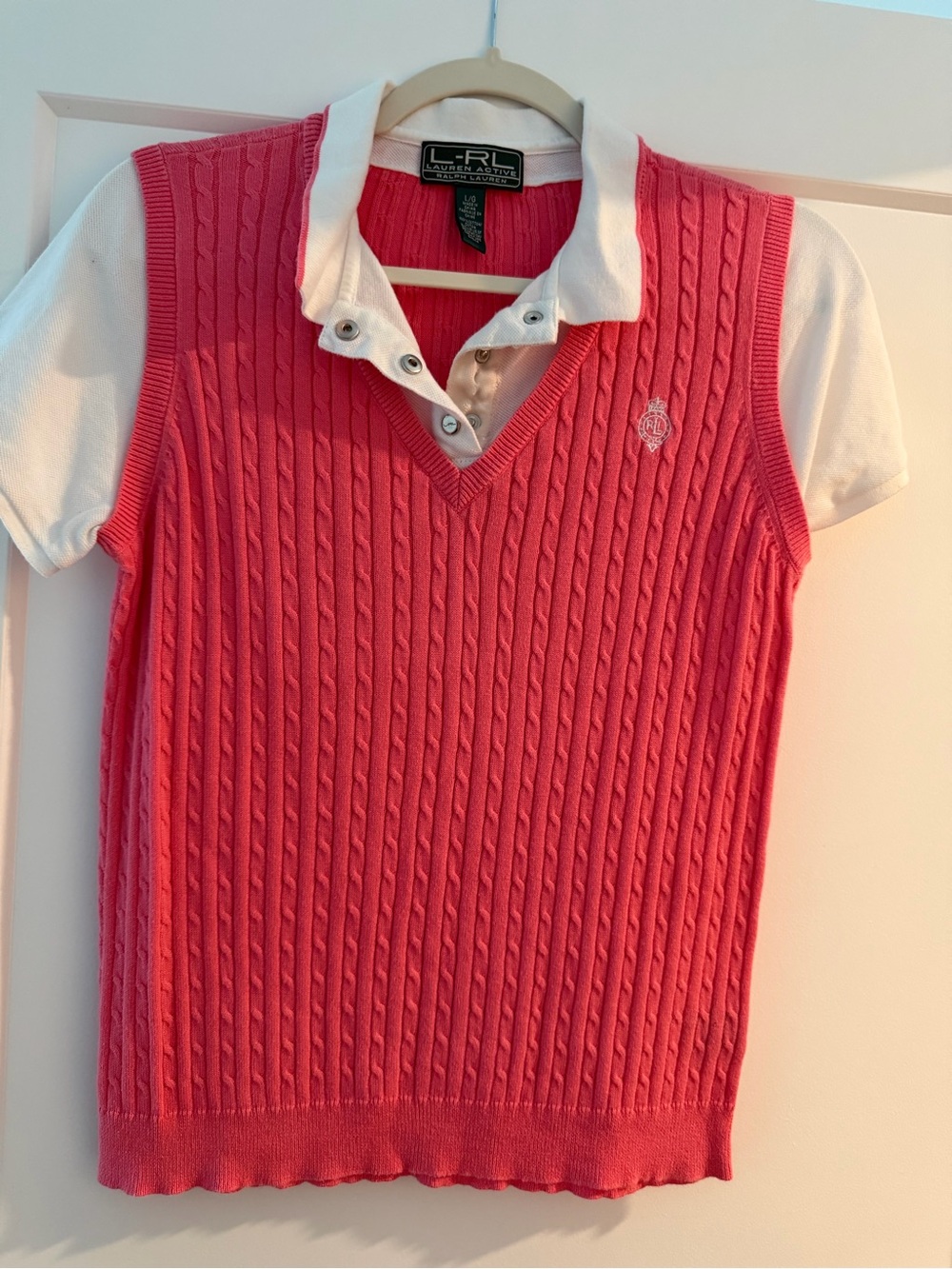 Lauren Ralph Lauren Coral Cable Knit Polo Vest with White Collar